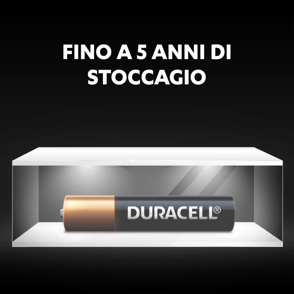 Le batterie alcaline speciali AAAA Duracell rimangono fresche e alimentate per un massimo di 5 anni nell'archiviazione ambientale
